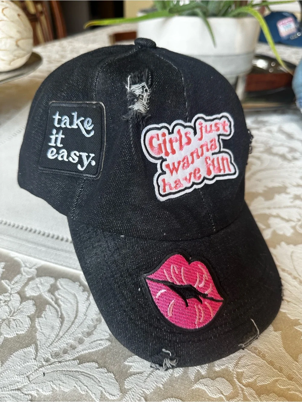 Upcycled Black Denim Trucker Hat Girls Just Wanna Have Fun